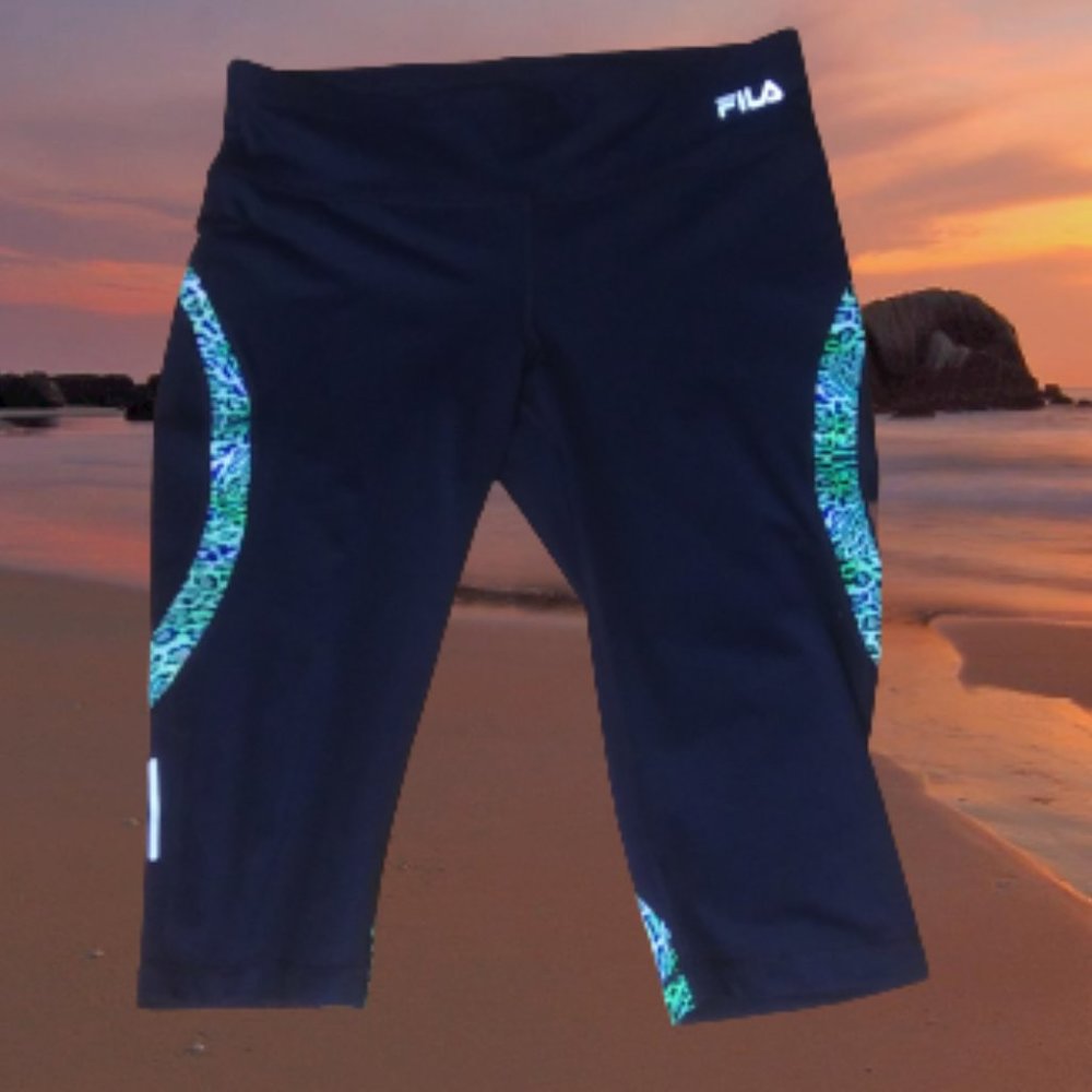 FILA SPORT Black Green blue Colorful Leopard Animal Crop Capri Athletic Leggings